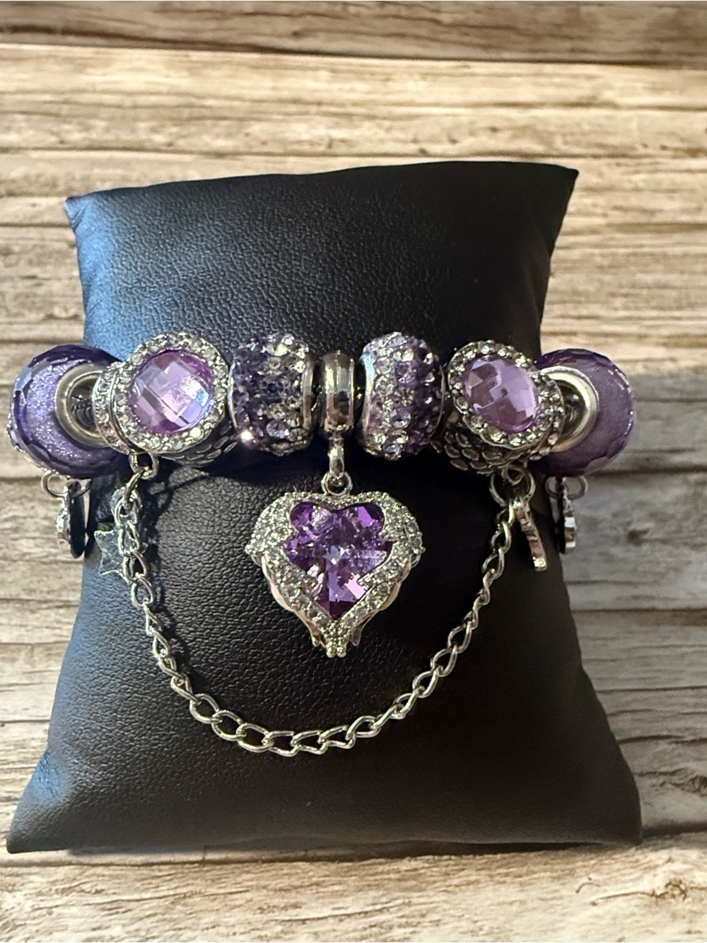 Silver Purple Gemstone & Crystal , Heart Charm Bracelet - Women Jewelry